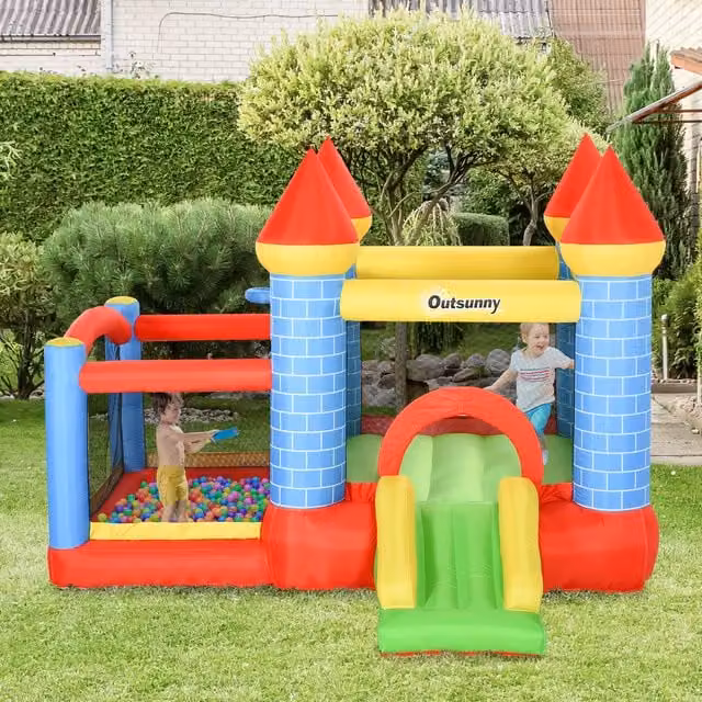 Outsunny 4-in-1 Kids Inflatable Castle Trampoline with Slide and Pool, Red and Multicolour