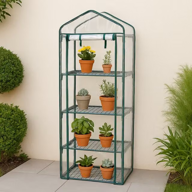 Monstershop 4 Tier Mini Greenhouse with Green PVC Plastic Cover, W/D/H: 59 x 39 x 160 cm