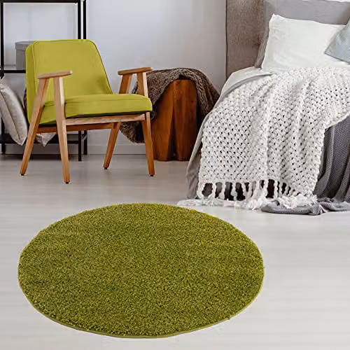 THE RUGS Green Plain Shaggy Round Rug for Living Room and Bedroom, Diameter: 120 cm – 3