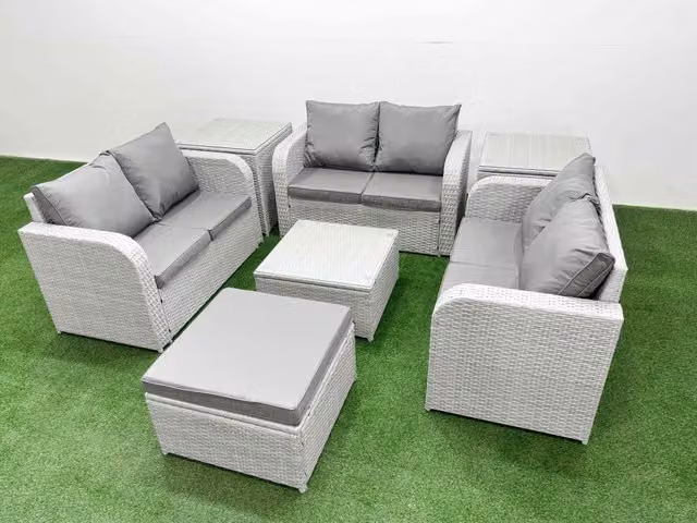 Fimous 7 Seater Rattan Garden Furniture Set in Light Grey with Coffee Table, 2 Seater Sofa, Ottoman and Side Tables