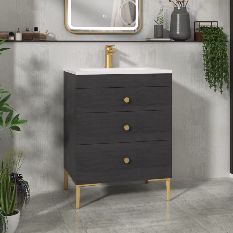 Royal Bathrooms Verona 600mm Black Woodgrain Floor Standing 3 Drawer Vanity Unit