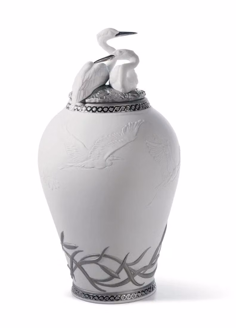 Lladró Herons Realm Covered Porcelain Vase in Silver and White