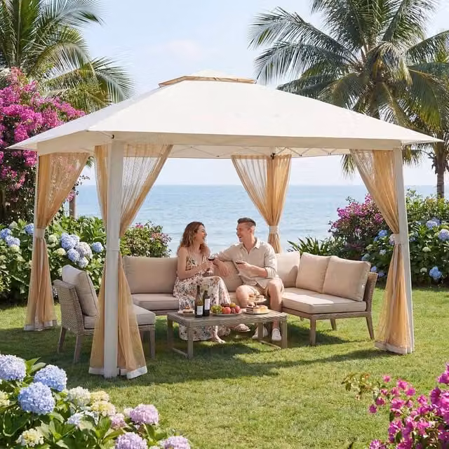 Costway Pop Up Gazebo Foldable Canopy Tent with Mesh Netting and Double Roof in Beige