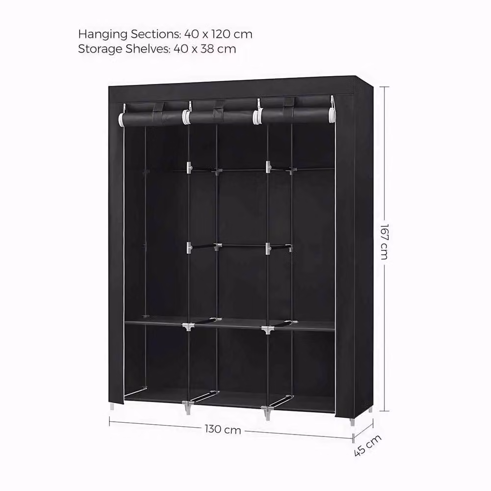 The Bazaarist Portable Fabric Wardrobe with 3 Hanging Rails, Black – 3