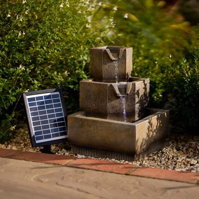 Primrose Coba Square Tiered Cascade Water Feature with Solar Panel and Lights in Brown