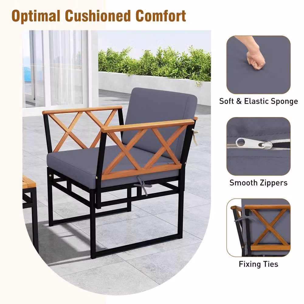 Gymax 7-Piece L-Shape Sectional Garden Sofa Set with Coffee Table and Ottoman in Brown – 5