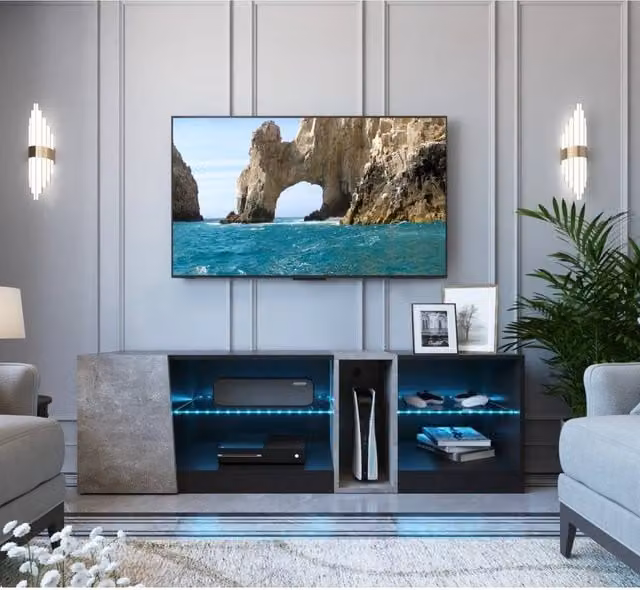 KORVIXA Modern LED TV Stand Cabinet with Integrated Lighting in Black, W/D/H: 100 x 100 x 100 cm