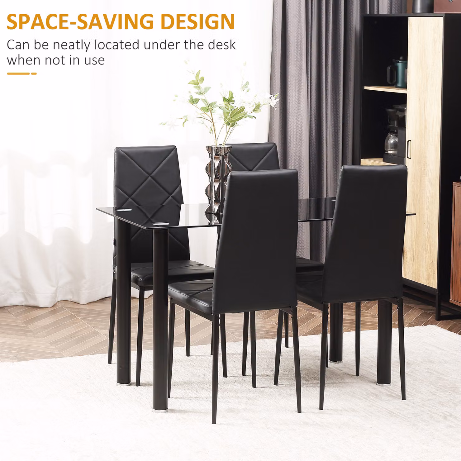 HOMCOM Modern 4 Seater Dining Set with Rectangular Glass Tabletop and Steel Frame, Black – 6