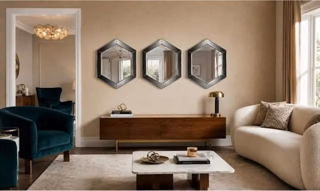 Biznest Set of 3 Gold Hexagonal Wall Mirrors with Plastic Frames, Diameter: 30 cm