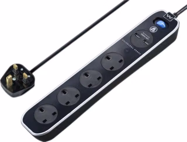 Masterplug 4 Socket Surge Protected Extension Lead with 2 USB Ports, Black