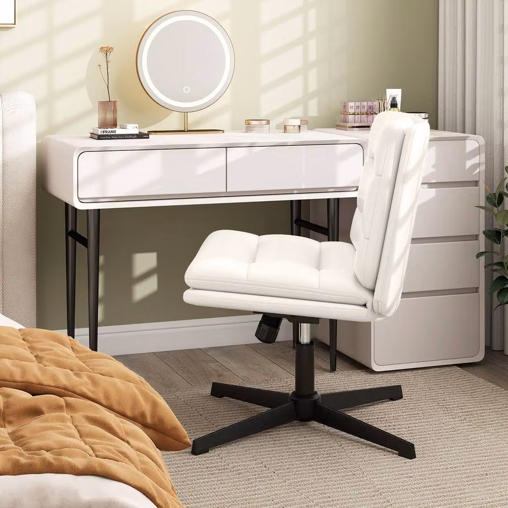 Gymax Height Adjustable Mid-Back Cross Legged Makeup Vanity Chair in White – 2
