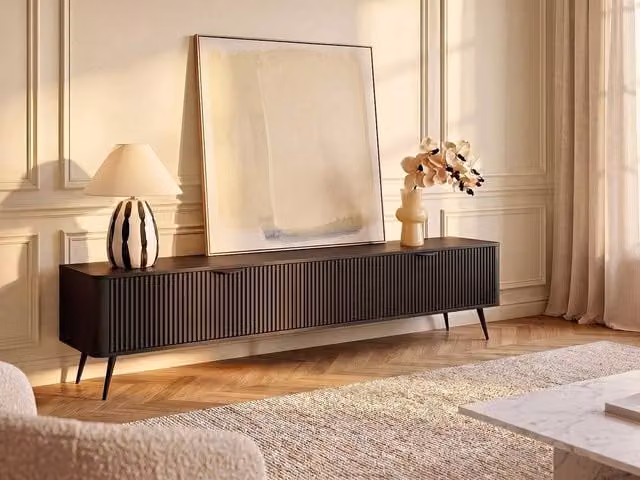Vente-unique ELONARIA Modern MDF TV Unit with 2 Doors, Black, W: 200 cm, H: 38 cm, D: 51.2 cm – 1