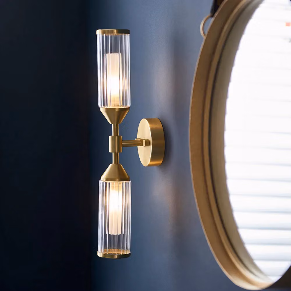 Loops 2 Pack Satin Brass Twin Wall Lights with Ribbed Clear Glass Shades – 3