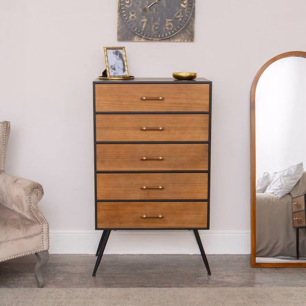 Melody Maison Ludlow Range Mid-Century 5 Drawer Tallboy Chest of Drawers in Black and Wood – 2