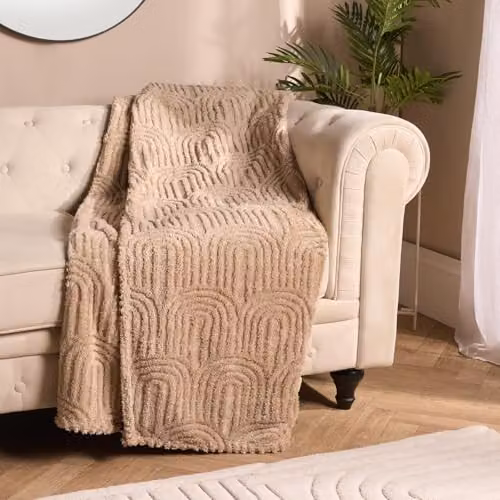 OHS Tufted Arches Teddy Fleece Throw Blanket in Brown and Beige, W/D/H: 180 x 200 cm – 3