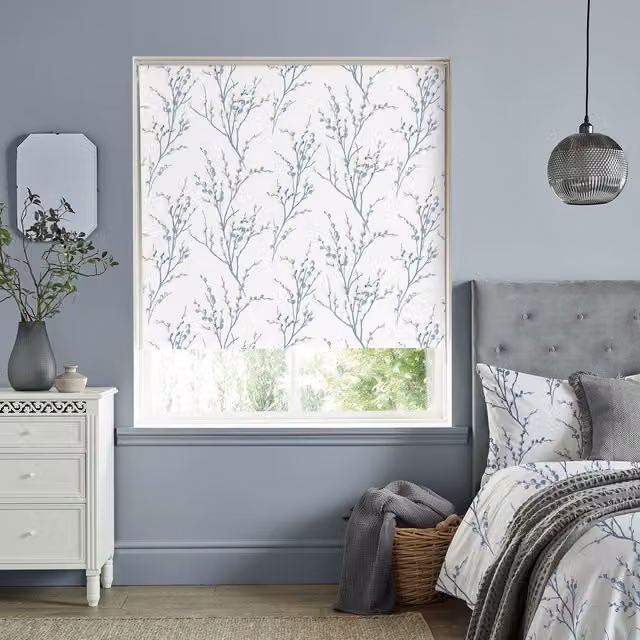 Laura Ashley Pussy Willow Thermal Blackout Ready Made Roller Blind in Off White and Seaspray