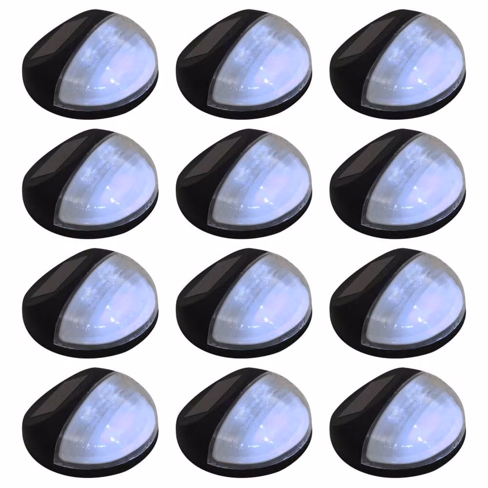 Berkfield Home 12-Piece Set of Round LED Solar Outdoor Wall and Step Lamps in Black – 2