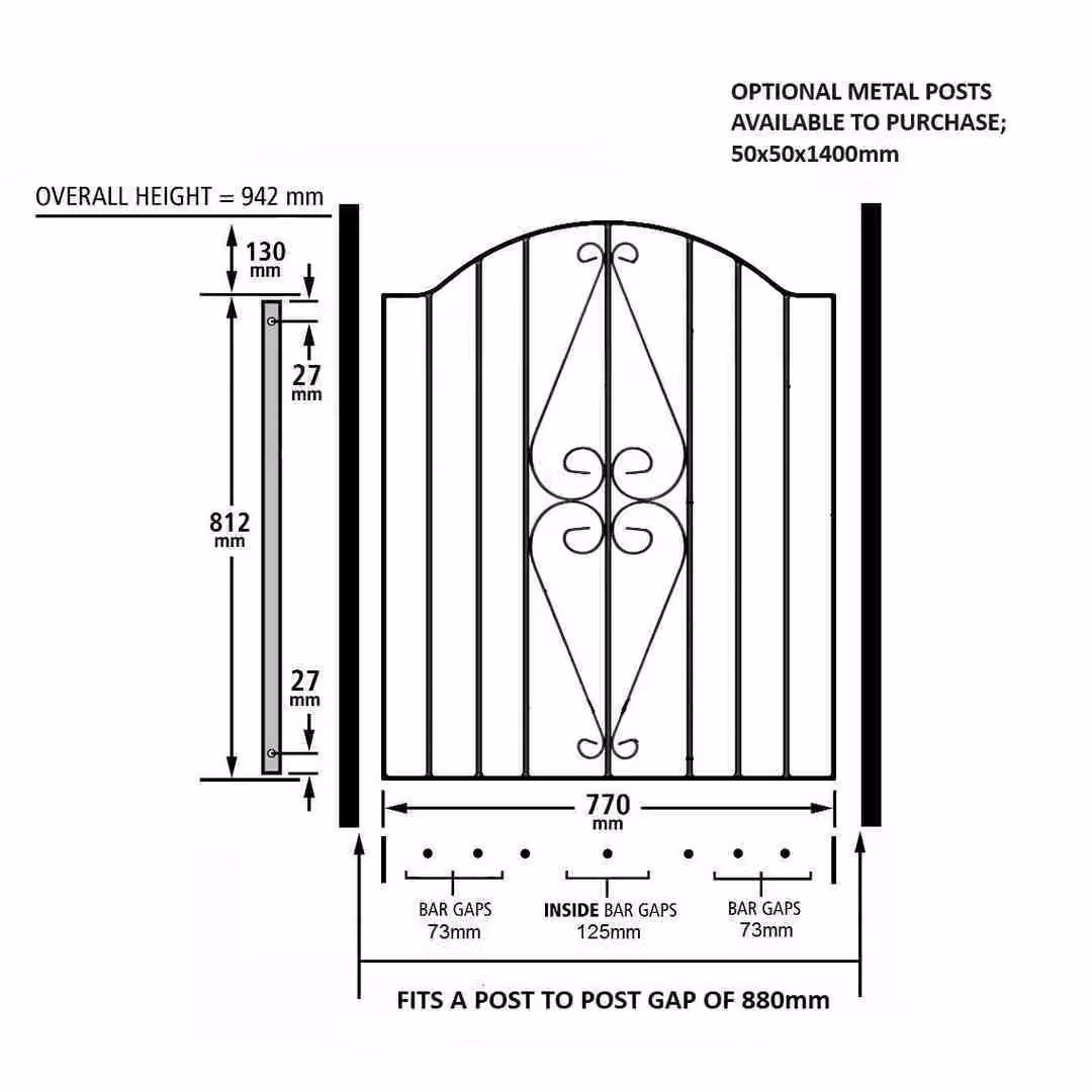 Burbage Iron Craft Stirling Scroll Henley Low Bow Top Single Gate in Black, Fits Gap W: 88.0 cm, H: 94.6 cm – 3