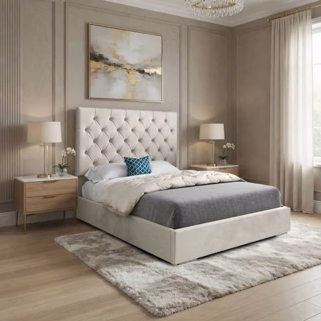KDMD Fikston Chesterfield Upholstered Velvet Bed Frame in Beige, W/D/H: 180 x 159 x 137 cm