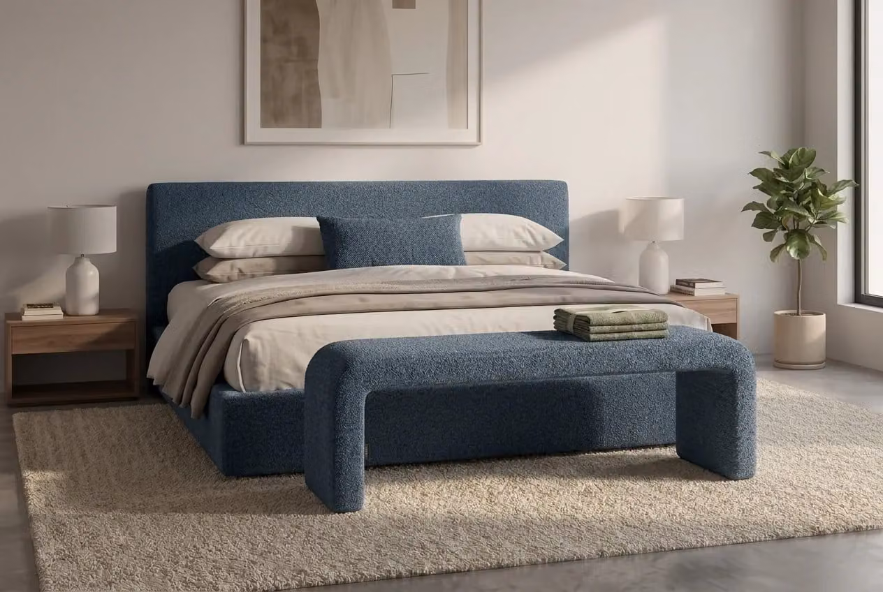Araco Atelier Mode Spindle Bench with Upholstered Fabric Frame in Beige, Grey or Blue