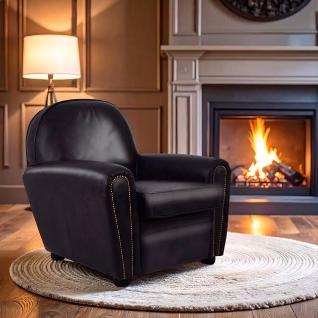 Orsina Black Leather Classic Armchair with Walnut Wood Frame – 1