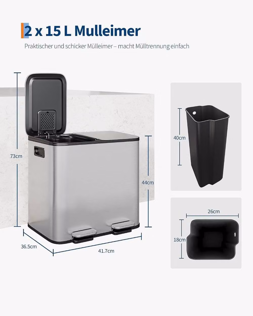 London Boutique 30L Dual Kitchen Recycling Bin with 2x15L Removable Inner Buckets, Stainless Steel Pedal Rubbish Bin in Silver – 2