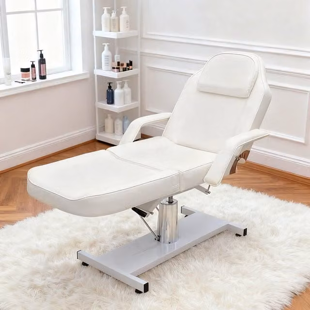 Livingandhome Adjustable PVC Leather Beauty Salon Bed with Rotating Base in Beige and White