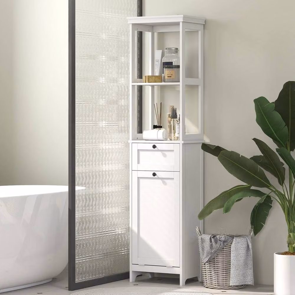 FORGEVIO White Tall Bathroom Cabinet with Laundry Basket and 2 Open Shelves, Height: 165 cm – 2
