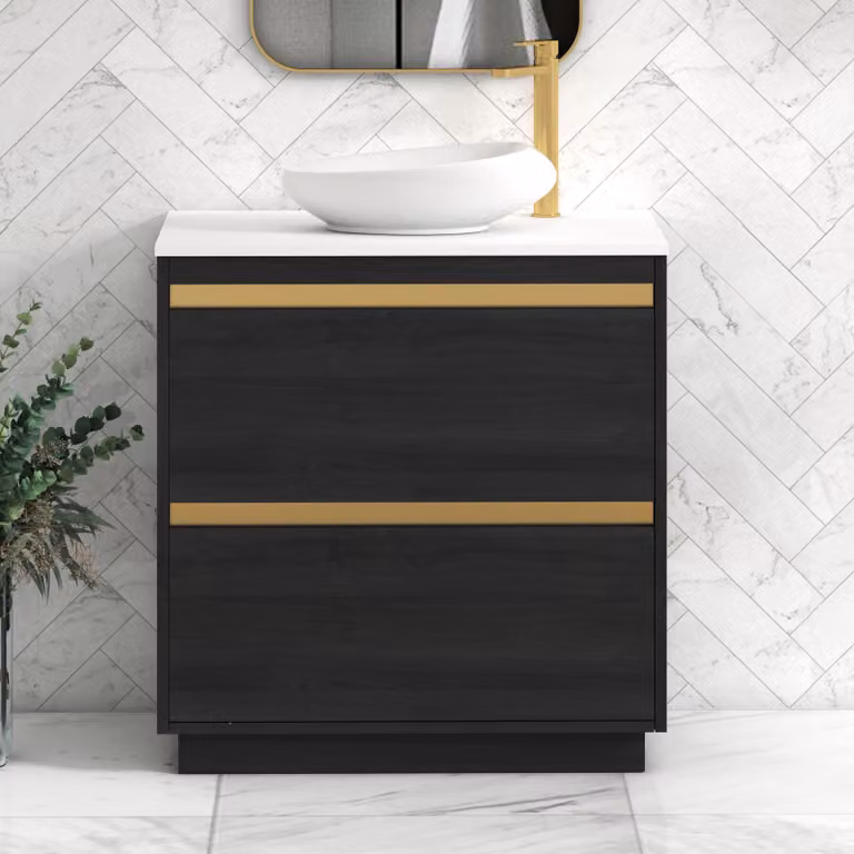Royal Bathrooms Orion 800mm Hale Black Floor Standing Vanity Unit with Nova Basin and Brushed Brass Accent Trim, Plain White Countertop, 2 Drawers