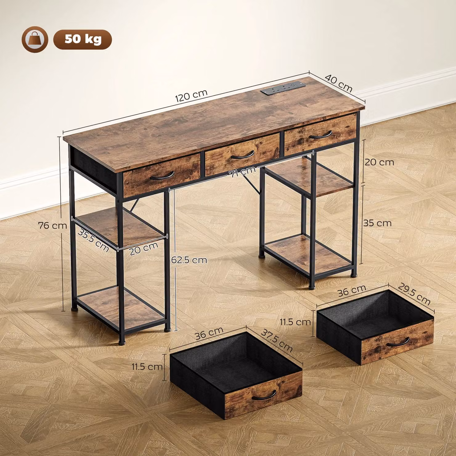HOMCOM Brown Computer Writing Desk with Power Outlets, Drawers and Shelves – 3