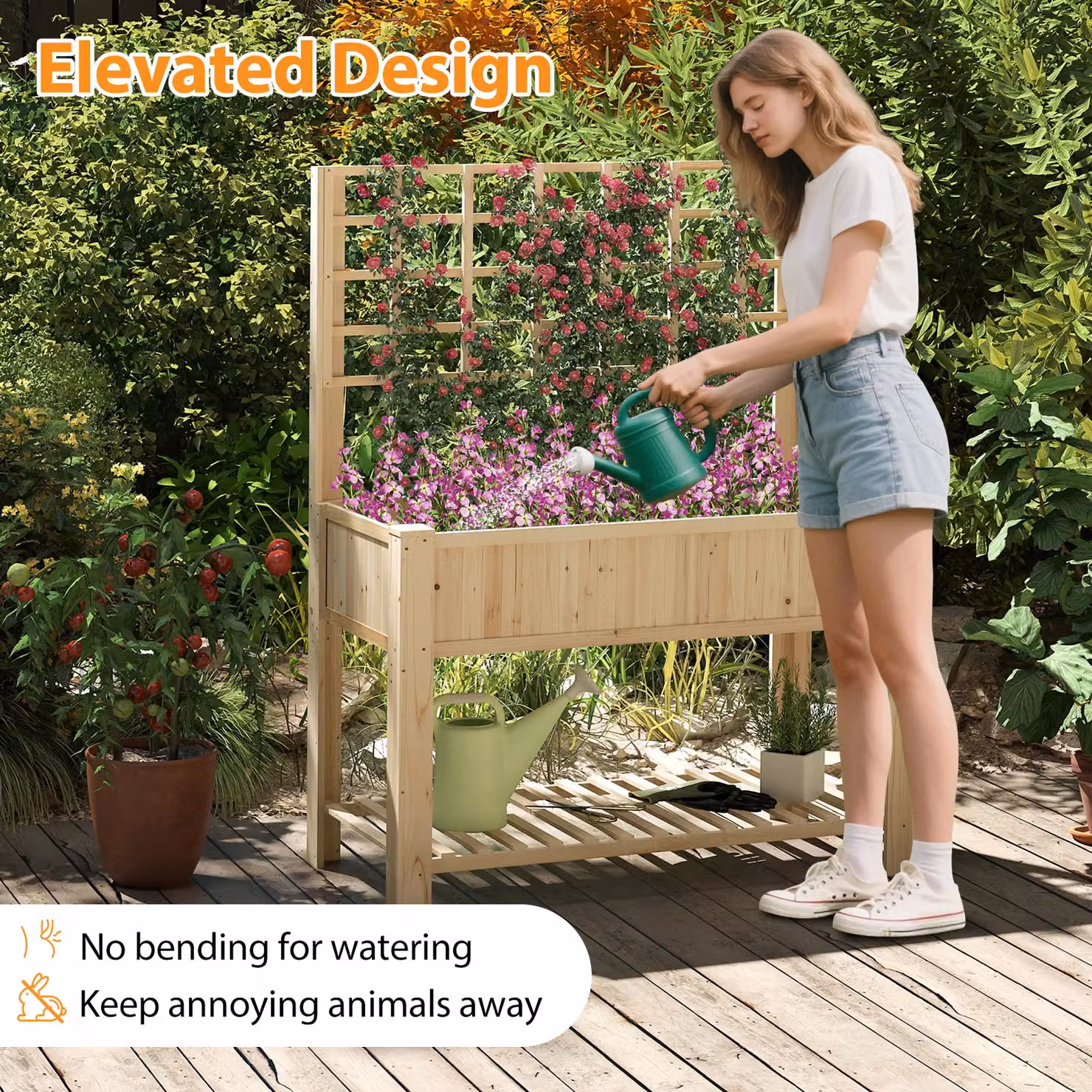 Gymax Wooden Elevated Planter Box with Trellis and Shelf in Beige – 6