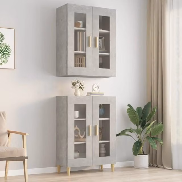 Berkfield Home Hanging Wall Cabinet in Concrete Grey with Glass Doors, W/D/H: 69.5 x 34 x 90 cm
