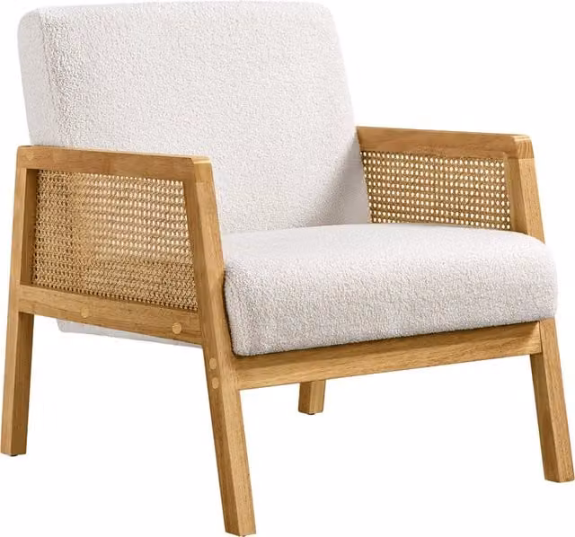 Yaheetech Scandinavian Style Bouclé Fabric Accent Armchair with Rattan Sides and Solid Rubberwood Frame in White