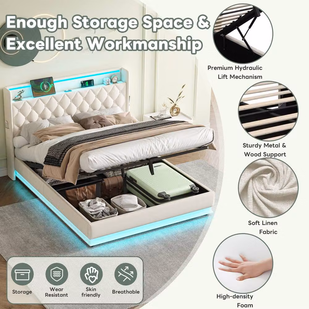 Matteo Double Upholstered Ottoman Bed in Beige with LED Under-Bed Lighting and USB Charging Port, W/D/H: 140 x 200 cm – 4