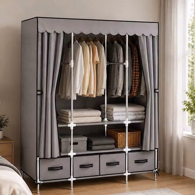 FORGEVIO Grey Treasure Portable Fabric Wardrobe with Integrated Drawers