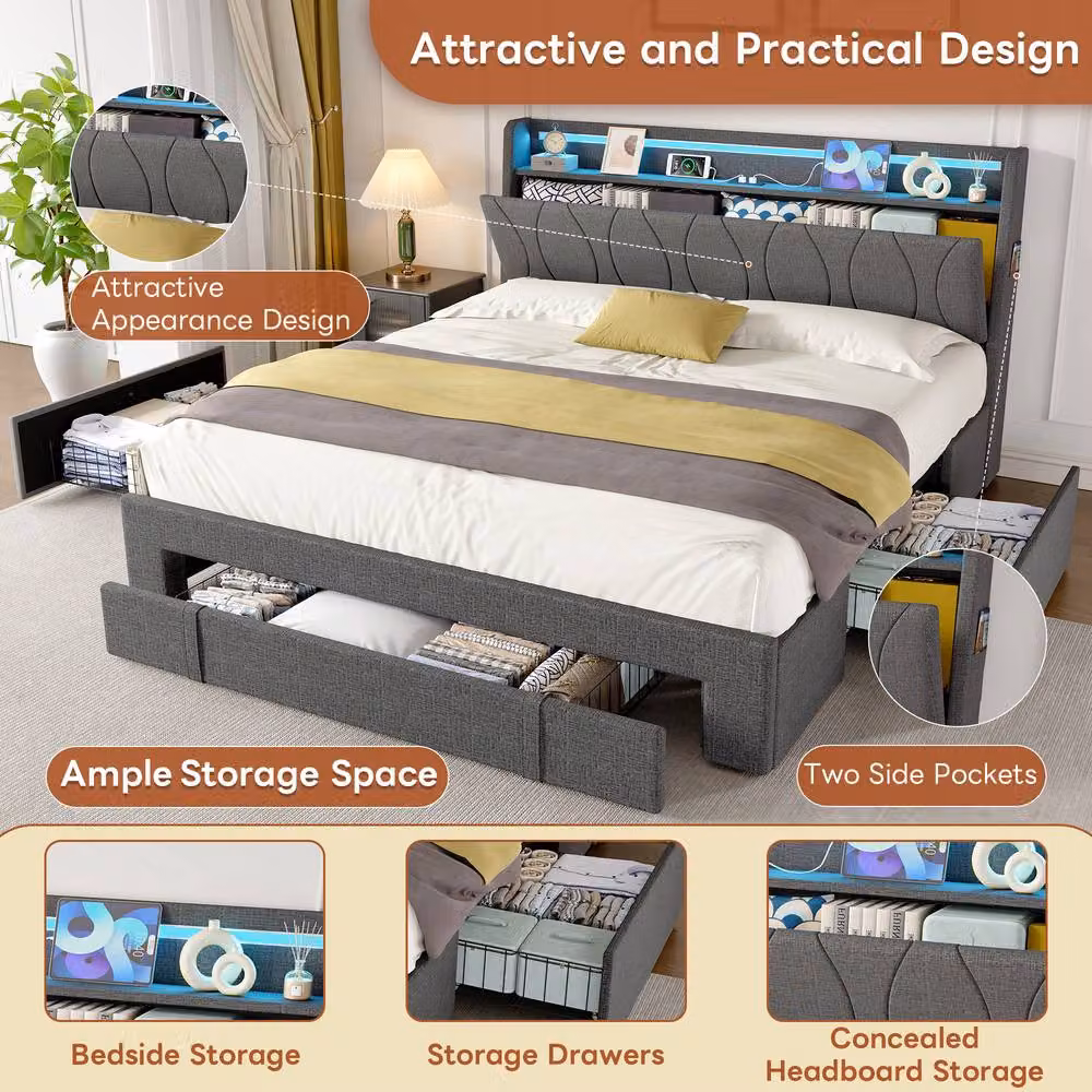 Matteo 4ft6 Double Upholstered Bed with Storage Drawers and LED Headboard with USB Charging Port, Grey – 3