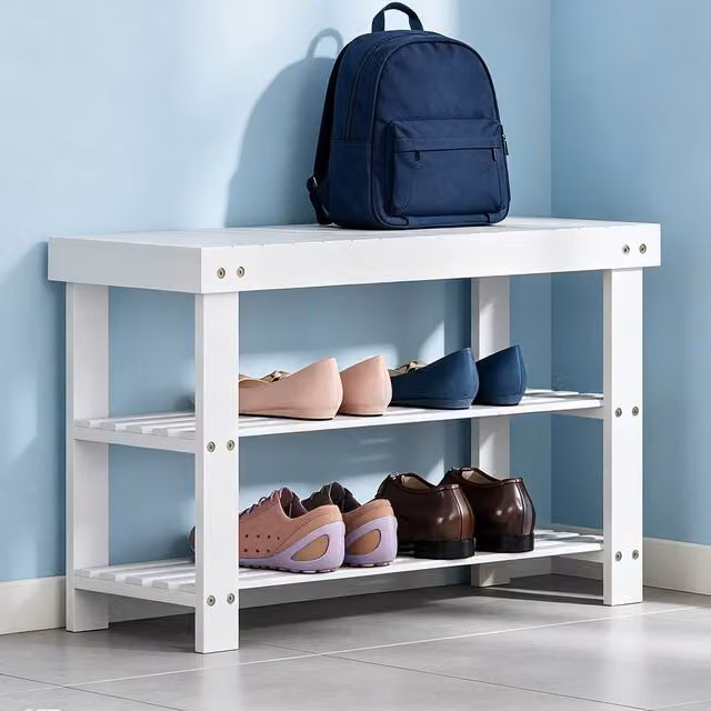 ERGOVEXA White Bamboo Shoe Storage Bench with 2 Shelves – 1