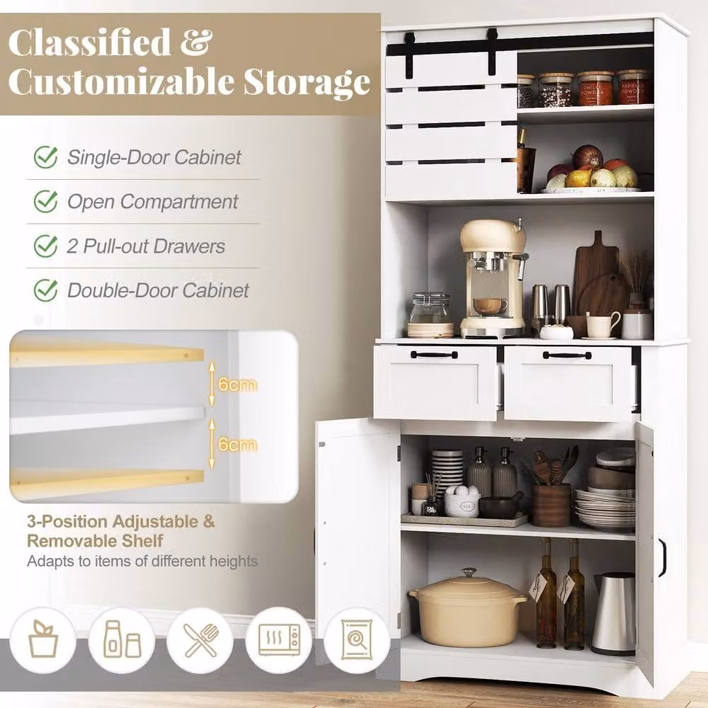 Costway White Tall Kitchen Cupboard Buffet Pantry Sideboard with Power Outlet – 5