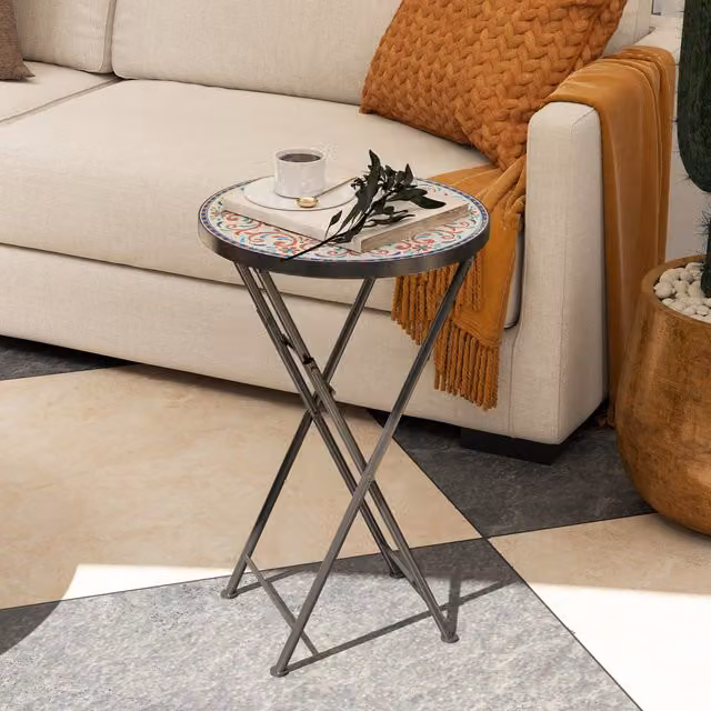 Outsunny Round Folding Mosaic Garden Table in Multicolour, Diameter: 35.5 cm