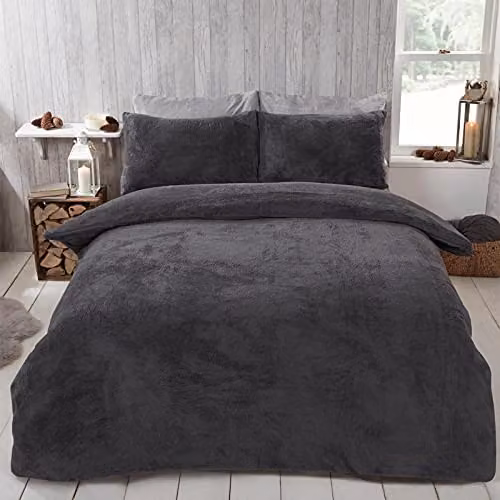 Brentfords Teddy Fleece Duvet Cover and Pillowcase Set, Grey, W/D/H: 200 x 200 cm and 50 x 75 cm