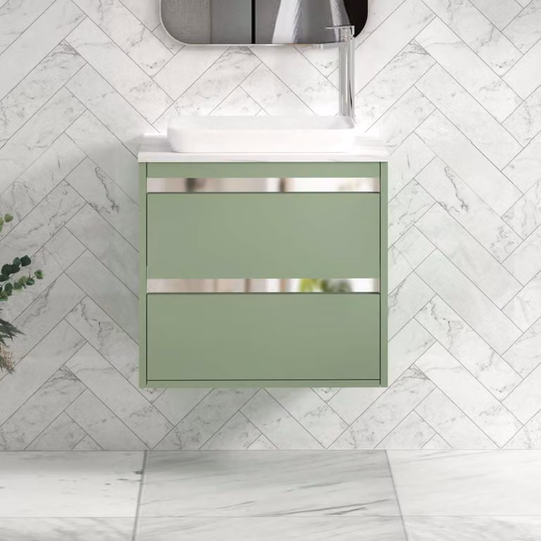 Royal Bathrooms Orion 600mm Mint Sage Wall Hung Countertop Vanity Unit with 2 Drawers, Qubix Basin and Chrome Accent Trim