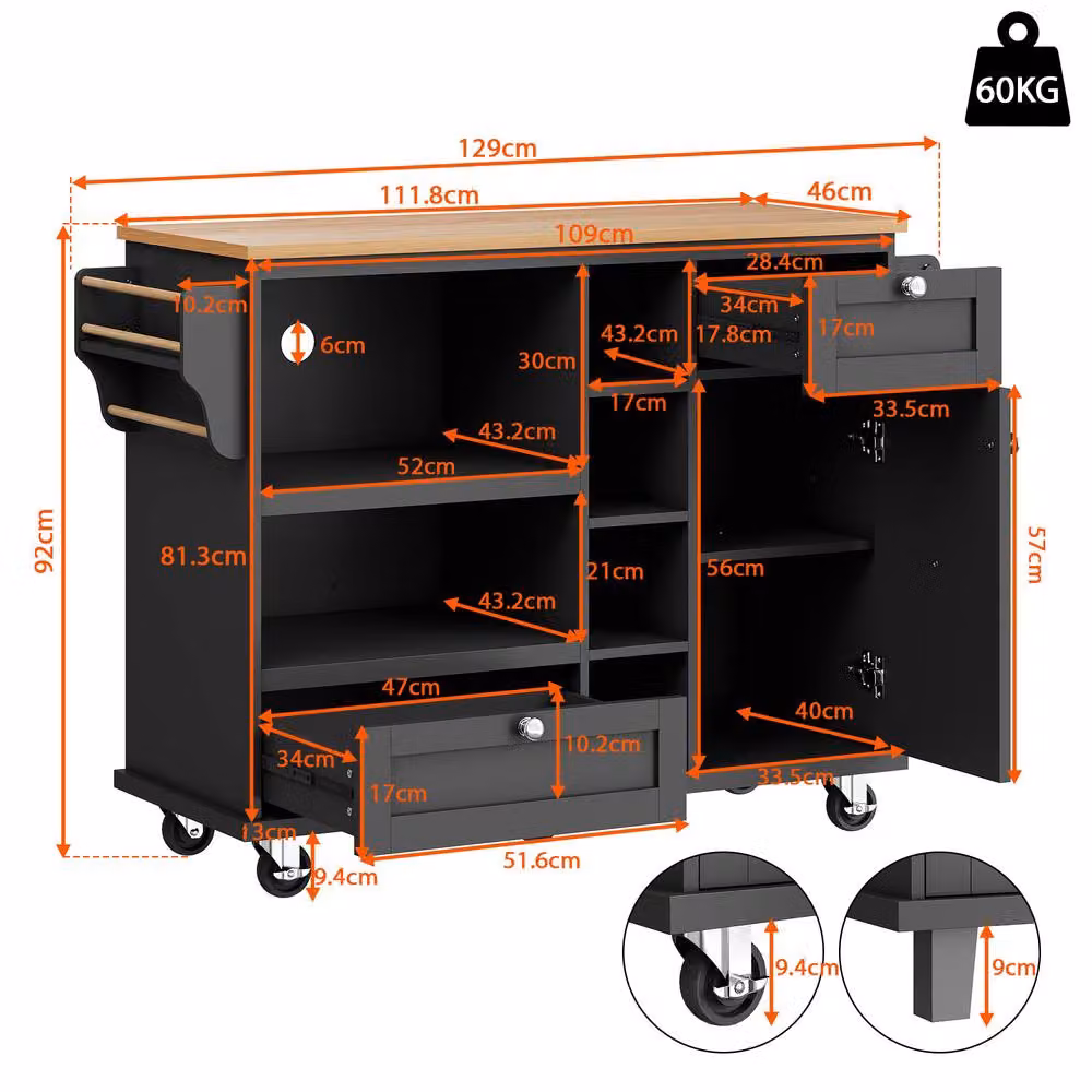 Matteo Modern Mobile Kitchen Dining Trolley in Black with Storage Drawers and Wheels – 2