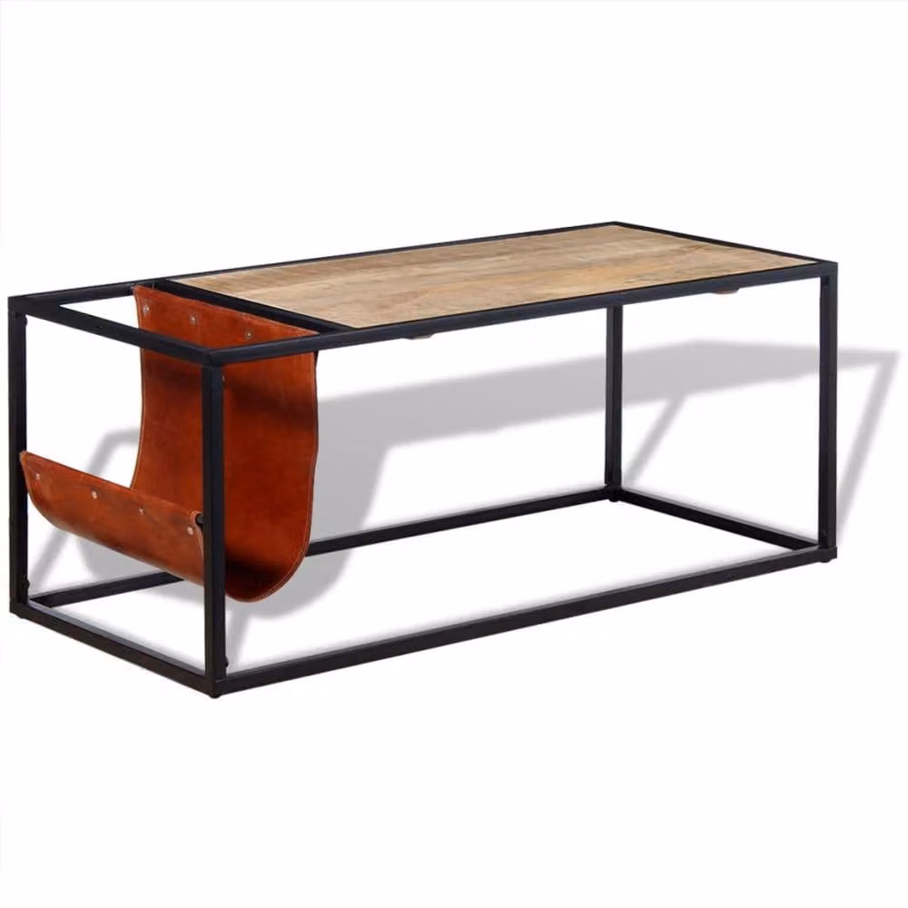 Berkfield Home Mango Wood Coffee Table with Genuine Leather Magazine Holder, Multicolour, W/D/H: 110 x 50 x 45 cm – 1