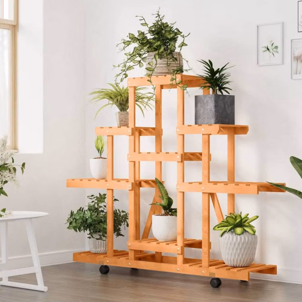 Berkfield Home Brown Solid Wood Fir Flower Stand with Wheels, W/D/H: 110 x 25 x 101 cm – 3