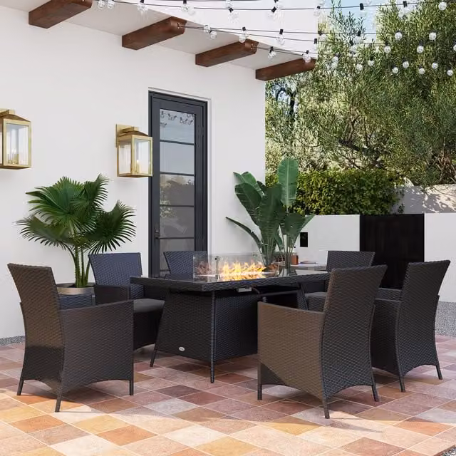 Outsunny 50,000 BTU Black Polyrattan Fire Pit Table and Dining Set