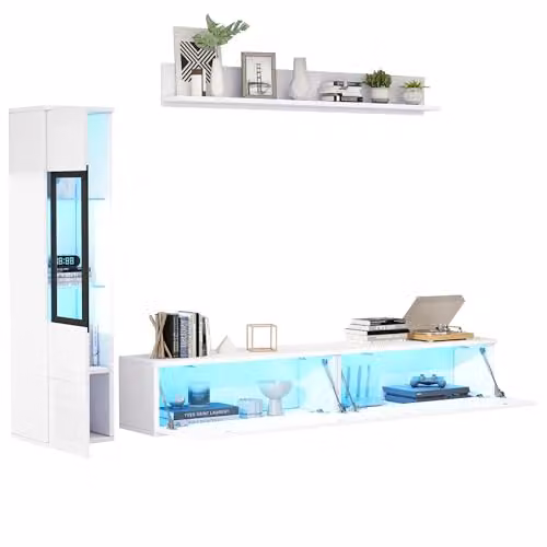 BTM White High Gloss LED TV Stand and Wall Unit Set of 3 with Display Cabinet and Hanging Shelf – 3