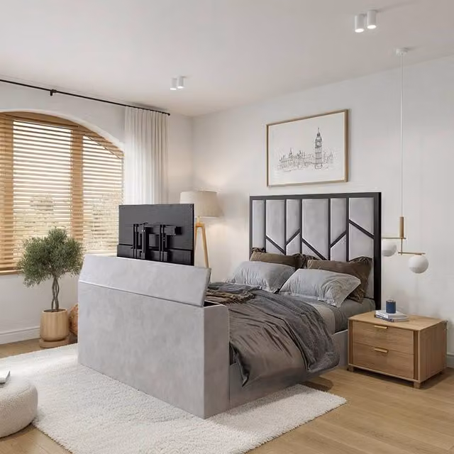 KDMD Aldfield Luxe Silver Upholstered Television Bed Frame with Lift Up Base, Small Double, W/D/H: 120 x 200 cm