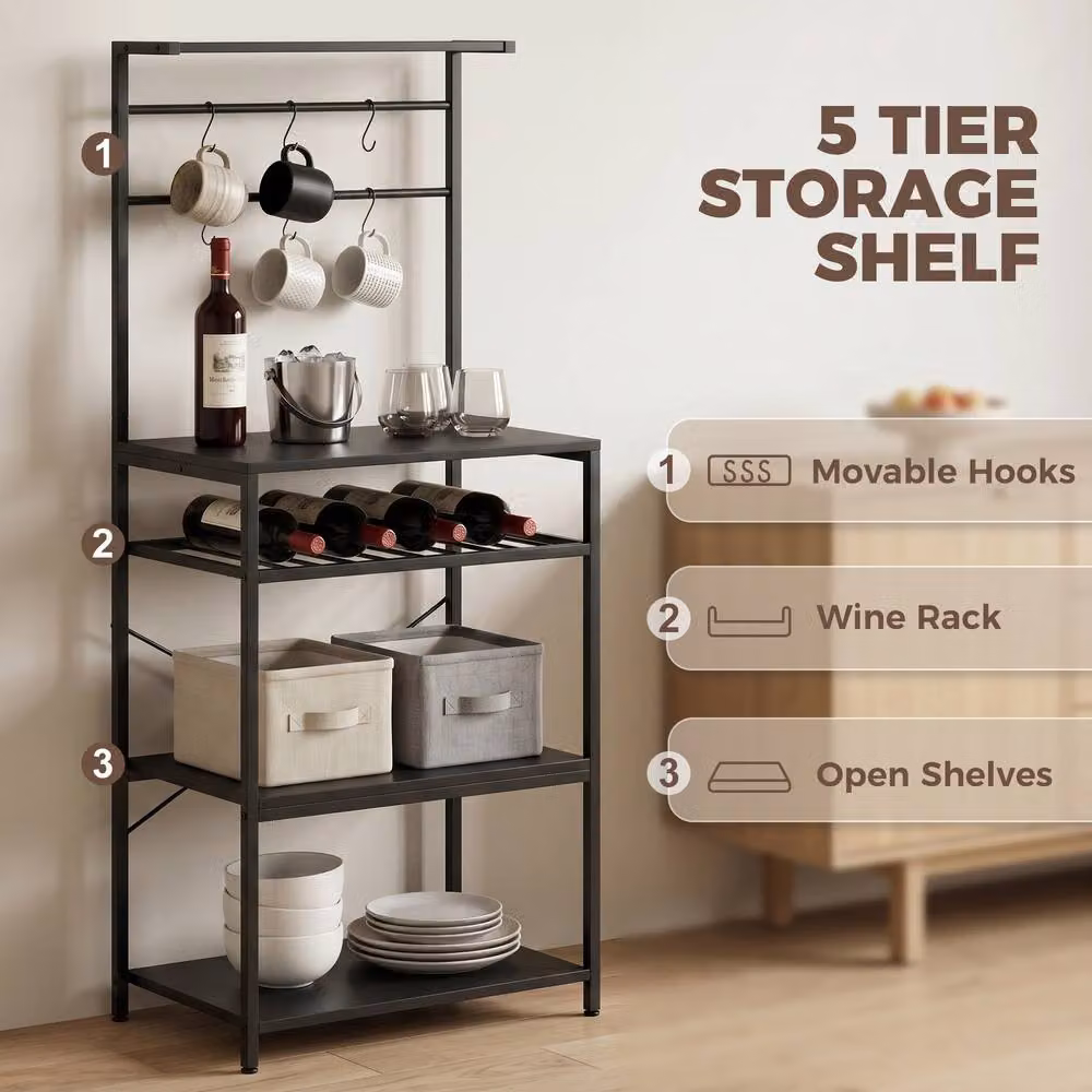 STILVORA Black Metal Storage Shelf with Wine Rack and 6 Hooks – 6