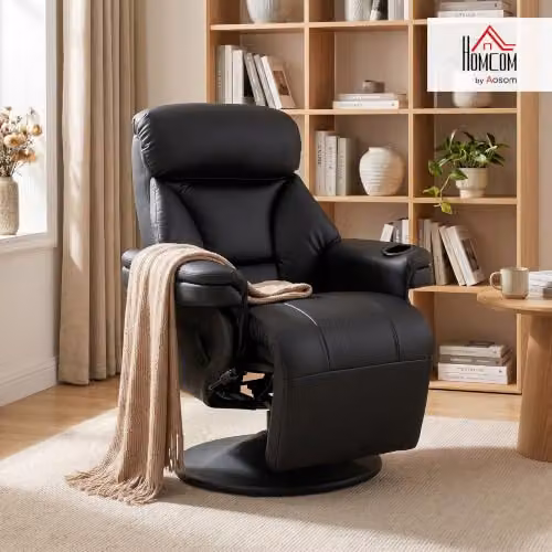 HOMCOM Manual Reclining Armchair in Black Synthetic Leather with 360 Degree Swivel and Integrated Footrest – 2