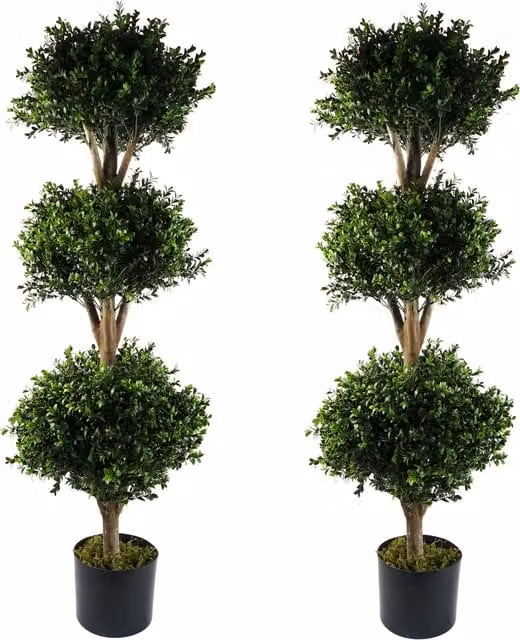 Pair of Genuine Leaf Design Buxus Triple Ball Artificial Trees in Green, UV Resistant and Tabletop Ready